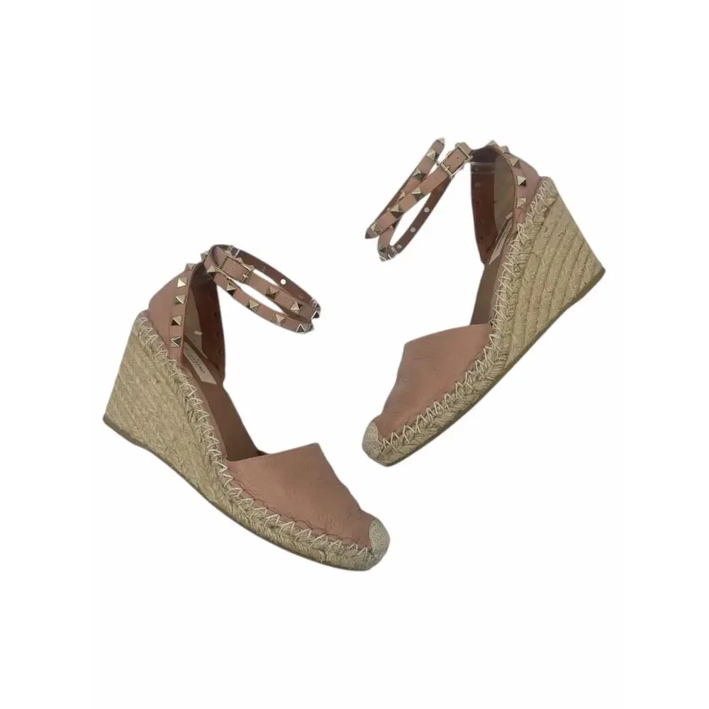 Valentino Garavani Rockstud Double Leather Wedge Espadrille Pink Size 39